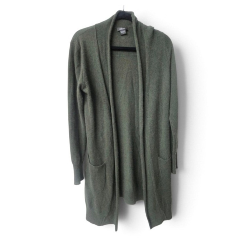 Pure Amici 100% Cashmere Open Front Cardigan Olive Green Large Pockets Shawl